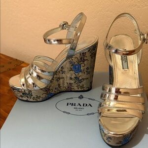 Prada silver Metallic Strappy Wedge Sandals with Blue Floral Platform